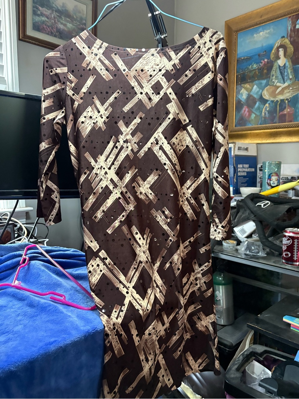 Women’s Brown & Cream Patterned 3/4 Sleeve body-con Dress
